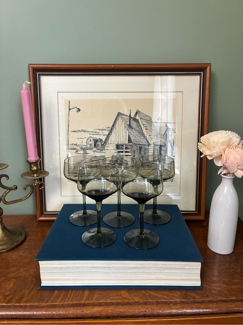 Set of 5 Vintage Smoky Glass Goblets | MCM Style Short Stem Barware